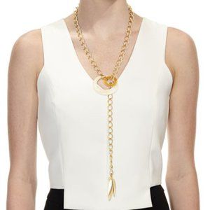 AKOLA Gold Chain Necklace Long Lariat Mother of Pearl White Circle Pendant NWOT